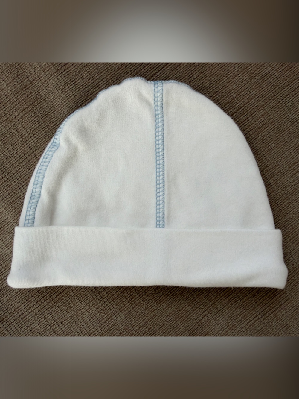 Baby Steps White Beanie with Light Blue Stitching